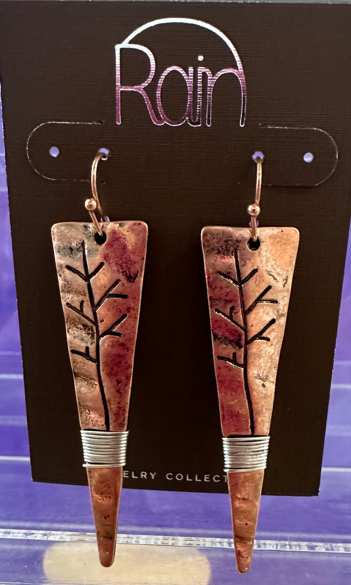 Copper Tree Engraved Dagger Rain Earrings