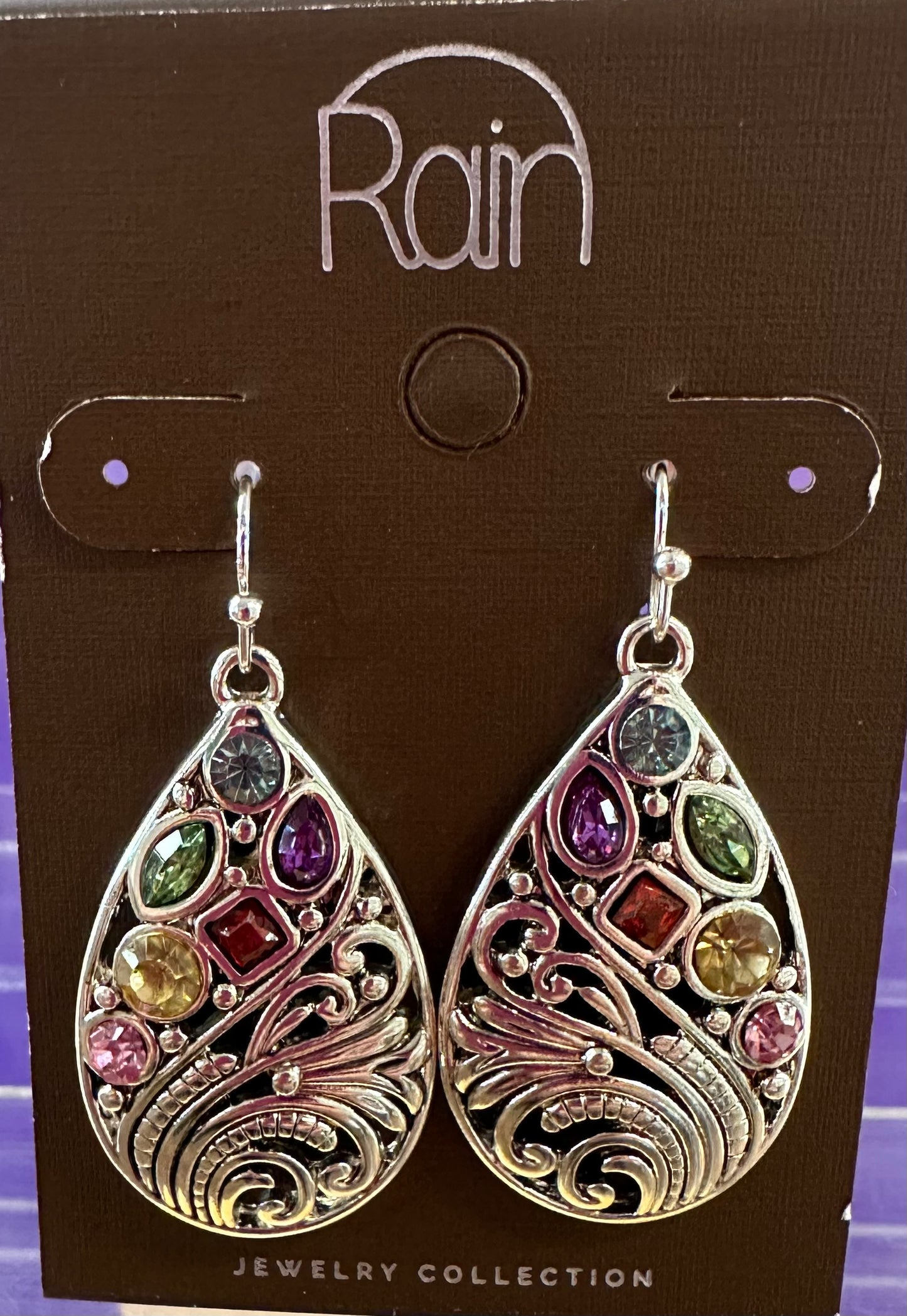 Silver Multi Crystals Teardrop Earrings