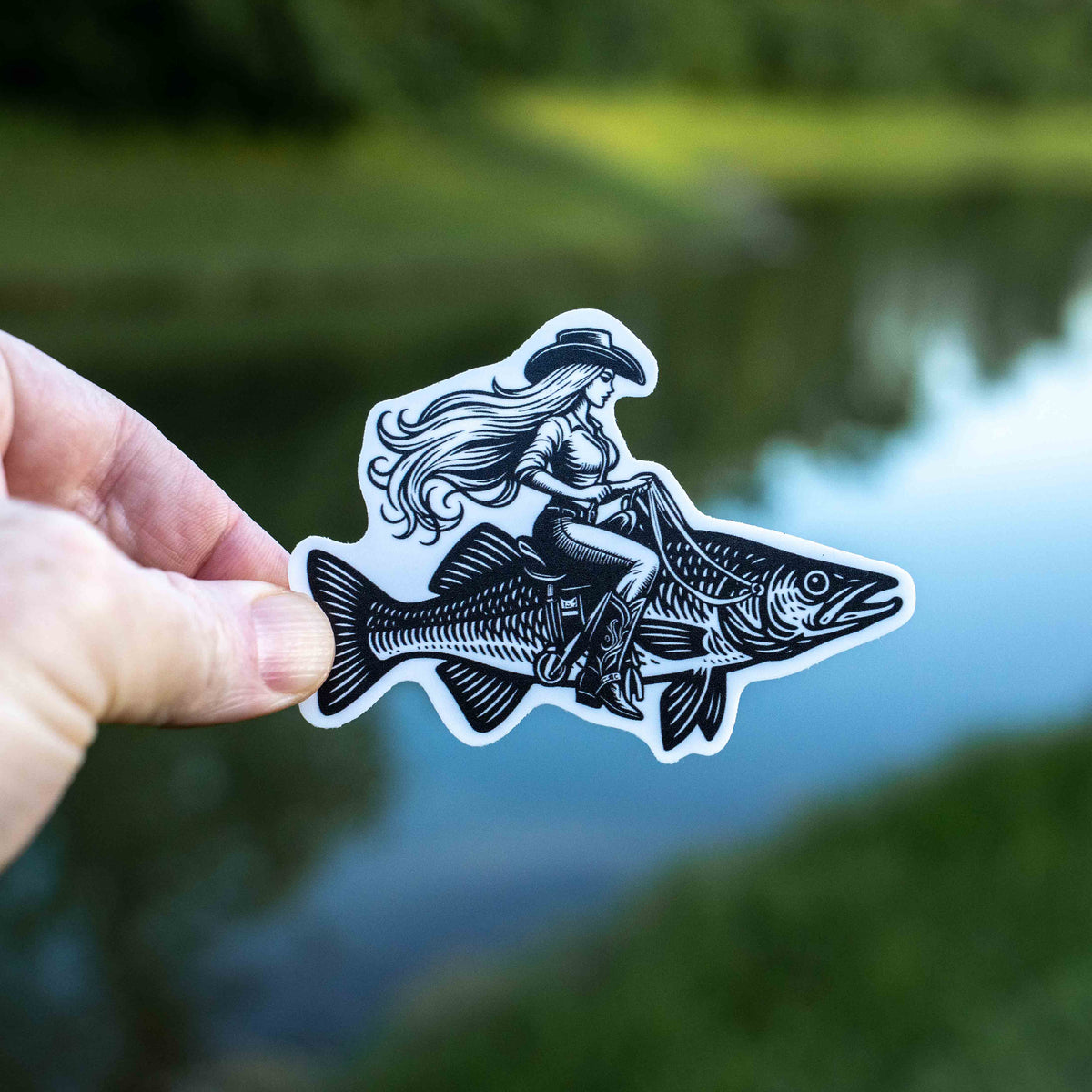 Cowgirl Riding A Fish - Fishing Sticker
