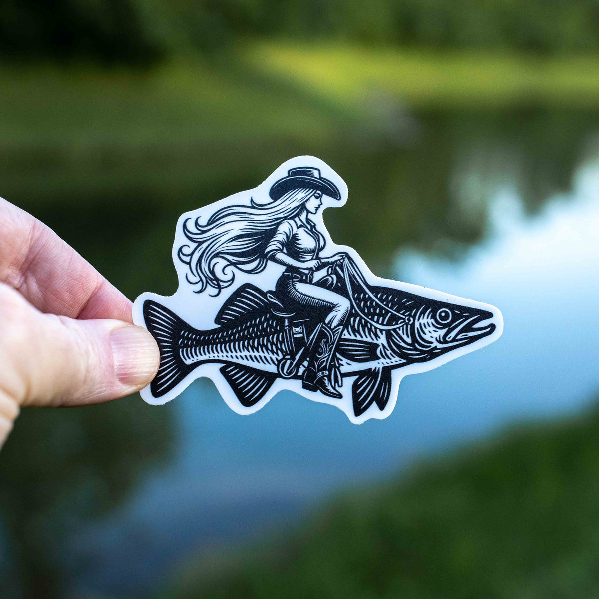 Cowgirl Riding A Fish - Fishing Sticker