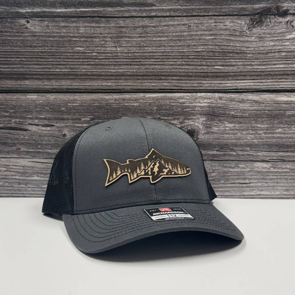 Rainbow Trout Mountain Scene Leather Patch Hat – 208tees