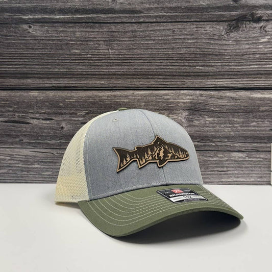 Rainbow Trout Mountain Scene Leather Patch Hat – 208tees