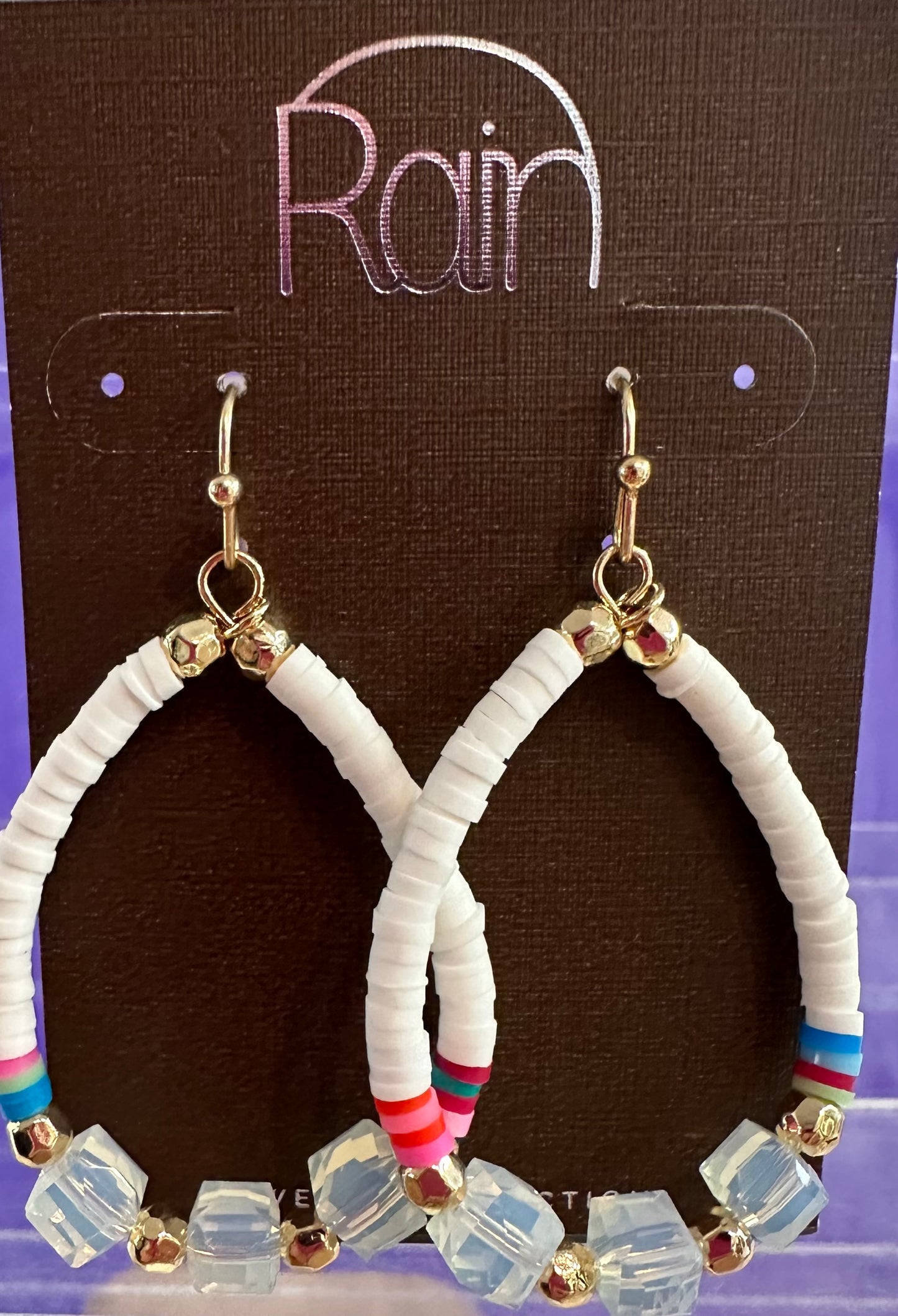 Gold White Multicolor Cube Bead Teardrop Rain Earrings