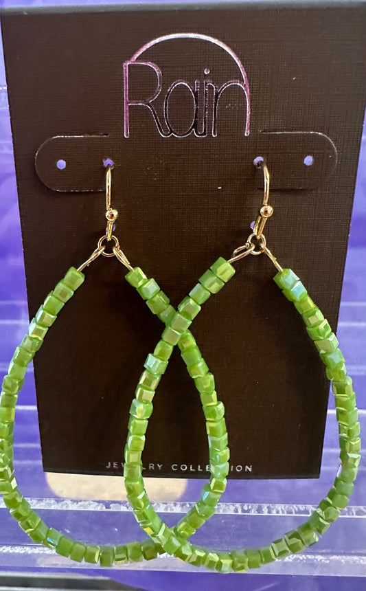 Grass Green Bead Teardrop Rain Earrings