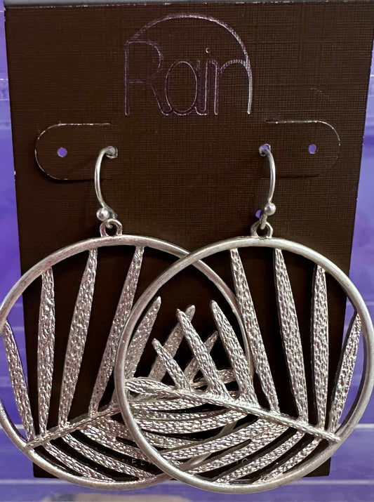 Silver Fan Leaf Hoop Post Rain Earrings