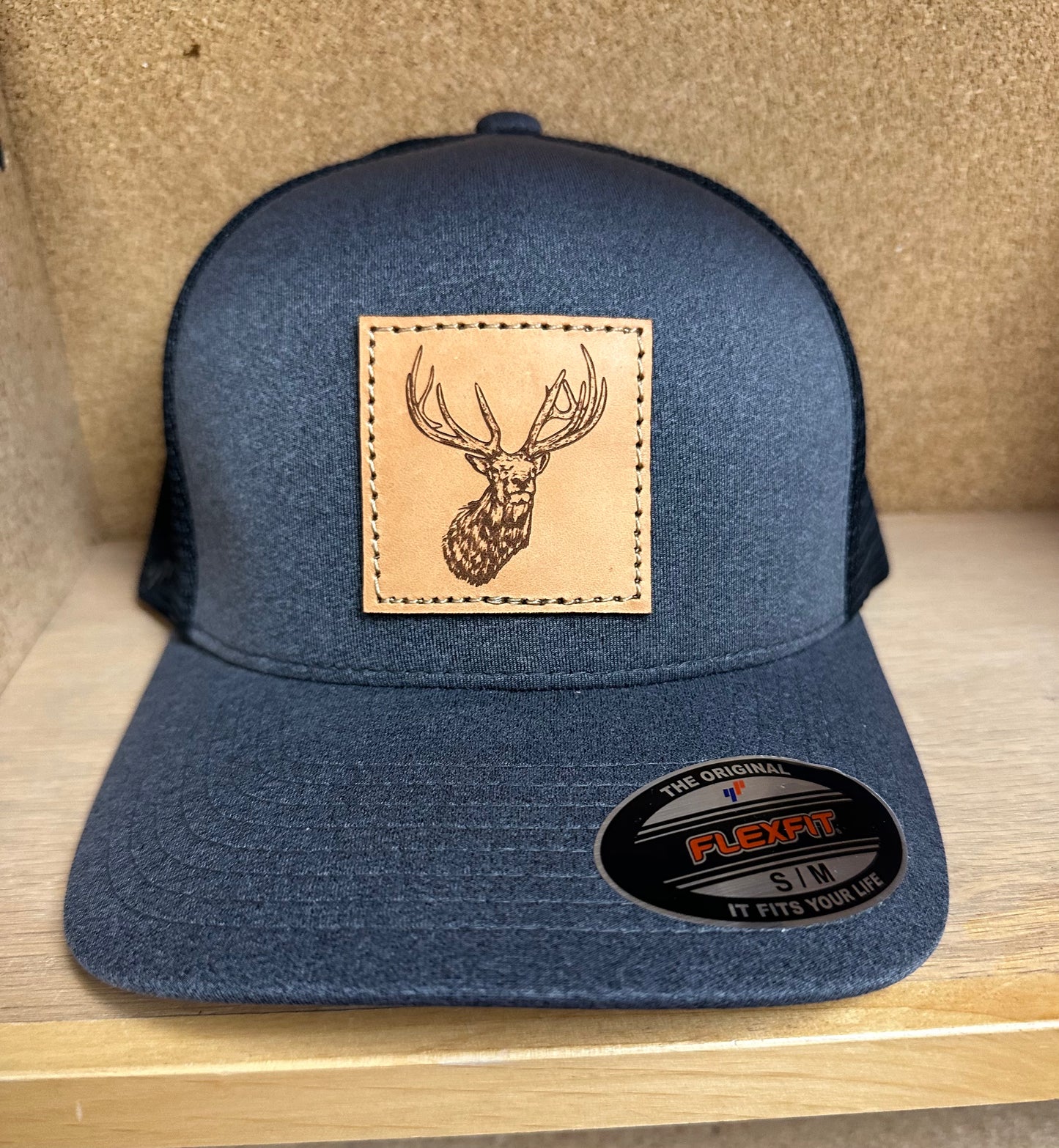 Elk Leather Patch FlexFit Meshback Hat (Charcoal Heather/Black)