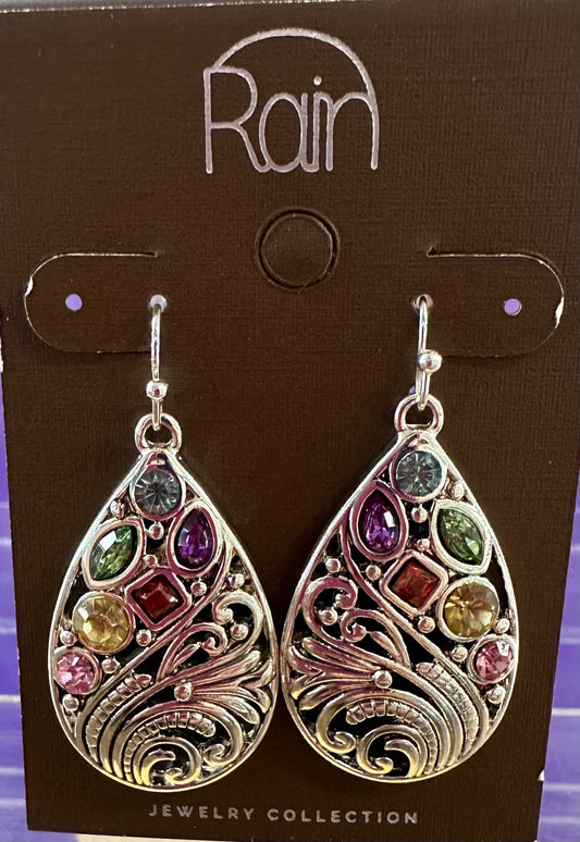 Silver Multi Crystals Teardrop Earrings