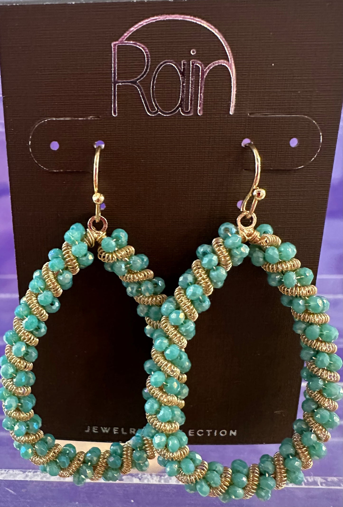 Green Bead Coil Teardrop Rain Earrings