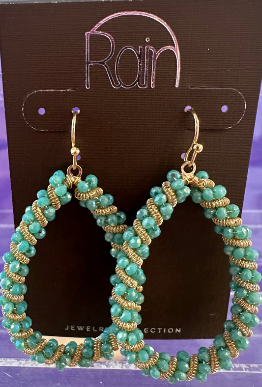 Green Bead Coil Teardrop Rain Earrings