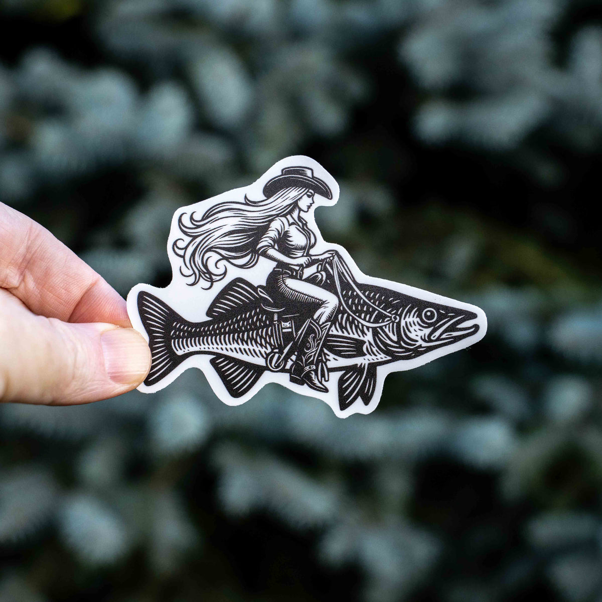 Cowgirl Riding A Fish - Fishing Sticker